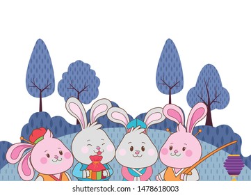 Rabbits celebrating mid autumn festival with lantern and gift bag cartoons in the forest nature background ,vector illustration graphic design.