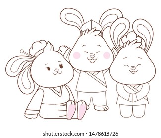 Rabbits celebrating mid autumn festival smiling with arms up cartoons vector illustration graphic design.