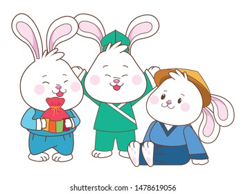 Rabbits celebrating mid autumn festival with gift bag cartoons ,vector illustration graphic design.
