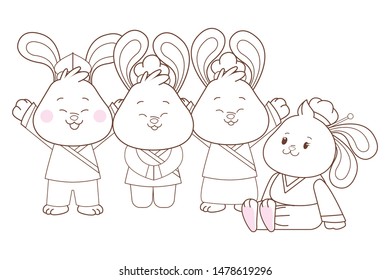 Rabbits celebrating mid autumn festival smiling with arms up cartoons vector illustration graphic design.