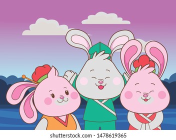 Rabbits celebrating mid autumn festival smiling with arms up cartoons in the forest nature background ,vector illustration graphic design.