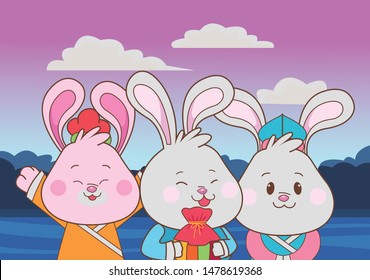 Rabbits celebrating mid autumn festival with gift bag cartoons in the forest nature background, vector illustration graphic design.