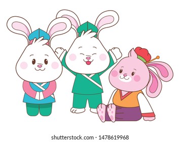 Rabbits celebrating mid autumn festival smiling with arms up cartoons, vector illustration graphic design.