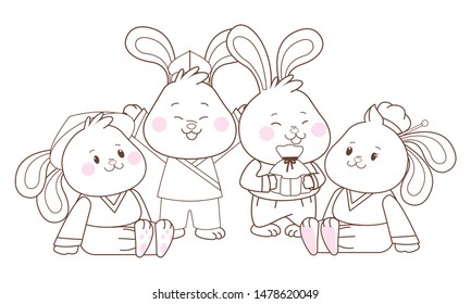 Rabbits celebrating mid autumn festival with gift bag cartoons vector illustration graphic design.