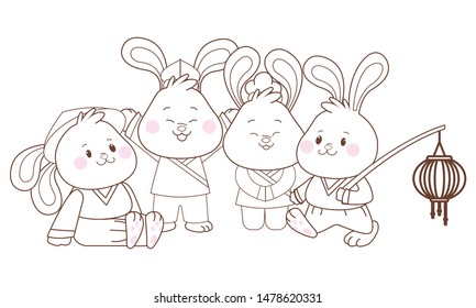 Rabbits celebrating mid autumn festival with paper lantern cartoons vector illustration graphic design.