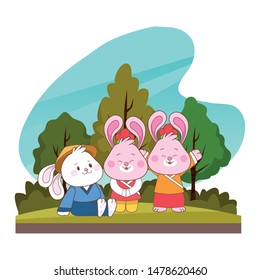 Rabbits celebrating mid autumn festival smiling with arms up cartoons in the forest, landscape background ,vector illustration graphic design.