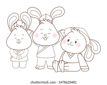 Rabbits celebrating mid autumn festival smiling with arms up cartoons vector illustration graphic design.