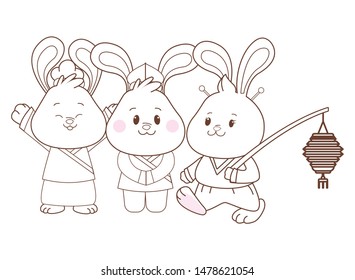 Rabbits celebrating mid autumn festival with paper lantern cartoons vector illustration graphic design.