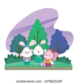 Rabbits celebrating mid autumn festival smiling with arms up cartoons in the forest, landscape background ,vector illustration graphic design.