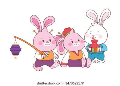 Rabbits celebrating mid autumn festival with lantern and gift bag cartoons ,vector illustration graphic design.