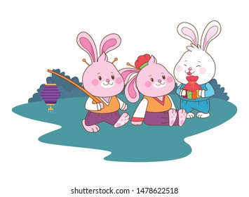 Rabbits celebrating mid autumn festival with lantern and gift bag cartoons in the forest, landscape background ,vector illustration graphic design.