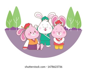 Rabbits celebrating mid autumn festival smiling with arms up cartoons in the forest, landscape background ,vector illustration graphic design.