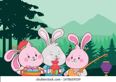 Rabbits celebrating mid autumn festival with mooncakes lantern and gift bag cartoons in the forest nature background ,vector illustration graphic design.