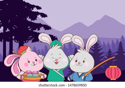 Rabbits celebrating mid autumn festival with paper lanterns and mooncakes cartoons in the forest nature background ,vector illustration graphic design.