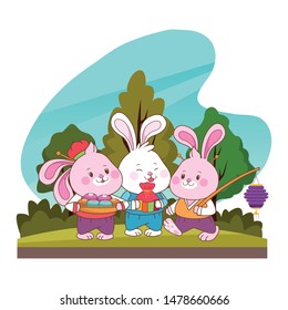 Rabbits celebrating mid autumn festival with mooncakes lantern and gift bag cartoons in the forest, landscape background ,vector illustration graphic design.