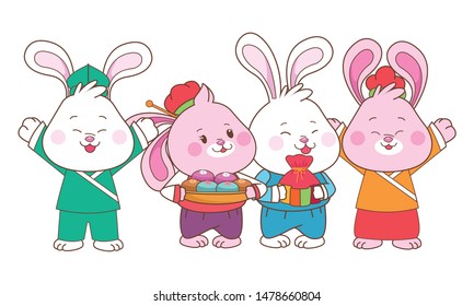 Rabbits celebrating mid autumn festival with mooncakes and gift bag cartoons ,vector illustration graphic design.