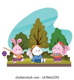 Rabbits celebrating mid autumn festival with paper lanterns and mooncakes cartoons in the forest, landscape background ,vector illustration graphic design.