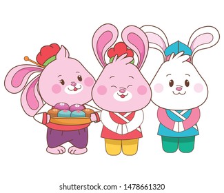 Rabbits celebrating mid autumn festival with mooncakes food cartoons ,vector illustration graphic design.