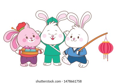 Rabbits celebrating mid autumn festival with paper lanterns and mooncakes cartoons ,vector illustration graphic design.