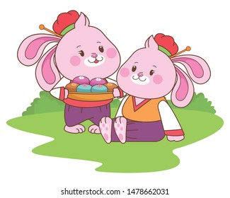 Rabbits celebrating mid autumn festival with mooncakes food cartoons in the forest, landscape background ,vector illustration graphic design.