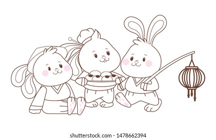 Rabbits celebrating mid autumn festival with paper lanterns and mooncakes cartoons vector illustration graphic design.