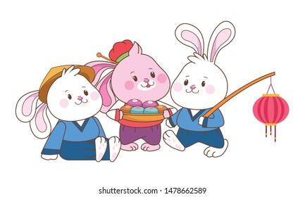 Rabbits celebrating mid autumn festival with paper lanterns and mooncakes cartoons ,vector illustration graphic design.