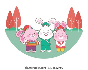 Rabbits celebrating mid autumn festival with mooncakes food cartoons in the forest, landscape background ,vector illustration graphic design.