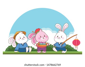 Rabbits celebrating mid autumn festival with paper lanterns and mooncakes cartoons in the forest, landscape background ,vector illustration graphic design.