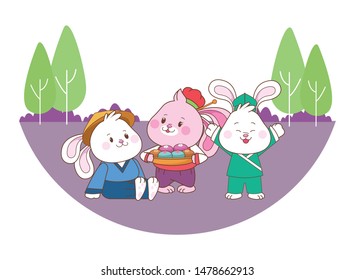 Rabbits celebrating mid autumn festival with mooncakes food cartoons in the forest, landscape background ,vector illustration graphic design.
