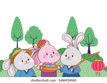 Rabbits celebrating mid autumn festival with paper lanterns and mooncakes cartoons in the forest nature background ,vector illustration graphic design.