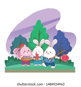 Rabbits celebrating mid autumn festival with mooncakes lantern and gift bag cartoons in the forest, landscape background ,vector illustration graphic design.
