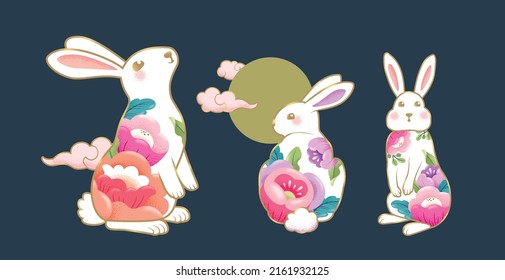 Rabbits character design with beautiful blossom flowers for Mid Autumn Festival or Chinese New Year 2023, year of the Rabbit zodiac sign.