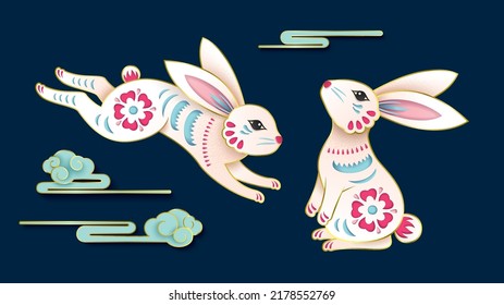 Rabbits character design with beautiful paper cut pattern for Mid Autumn Festival or Chinese New Year 2023, year of the Rabbit zodiac sign.