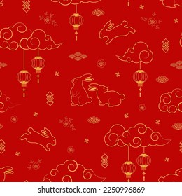 Rabbits character seamless pattern with asian elements on red background for decorative chinese new year 2023 and mid autumn festival,vector illustration