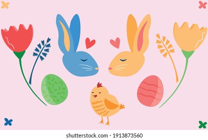 Rabbits, chicken, painted eggs and flowers. Vector cartoon illustration. Easter card. The beginning of spring. Delicate pinks, blues and oranges.