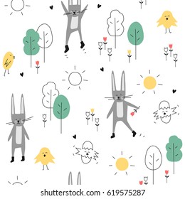 Rabbits and chicks vector seamless pattern. Spring and easter cartoon background. Colorful forest animals wallpaper. Cute childish flat illustration. Isolated objects on white background