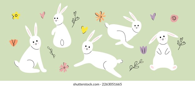 Rabbits collection. Cartoon bunny in different poses and actions: sitting, jumping laying. Vector illustration