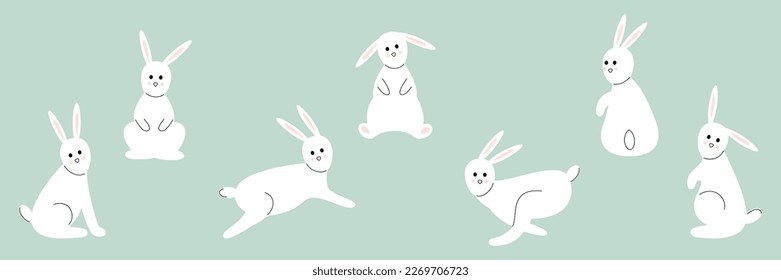 Rabbits collection. Cartoon bunny in different poses and actions: sitting, jumping laying. Vector illustration