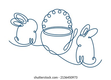 Rabbits continuous line. Editable stroke. Hand drawn cute bunny with a basket on a white background. Happy easter. Vector