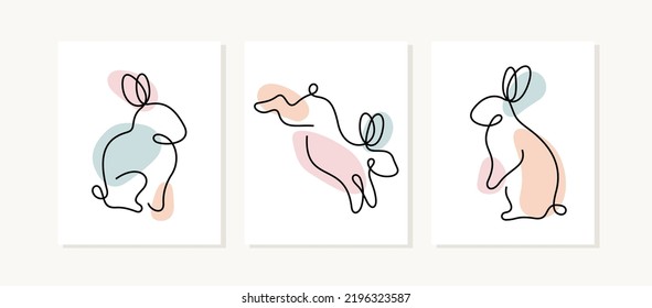 Rabbits continuous line pastel coloured posters. Easter bunnies collection. The Year of the Rabbit illustration.