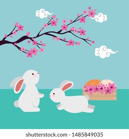 rabbits couple with chinese tree branch and flowers