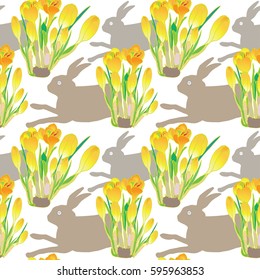 rabbits and crocuses  pattern ,vector