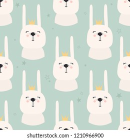 Rabbits with crowns, hand drawn backdrop. Colorful seamless pattern with muzzles of animals. Decorative cute wallpaper, good for printing. Overlapping colored background vector