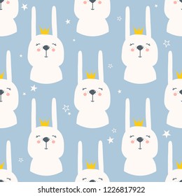 Rabbits with crowns, hand drawn backdrop. Colorful seamless pattern with muzzles of animals. Decorative cute wallpaper, good for printing. Overlapping colored background vector