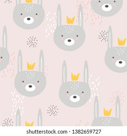 Rabbits with crowns, hand drawn backdrop. Colorful seamless pattern with muzzles of animals. Decorative cute wallpaper, good for printing. Overlapping colored background vector