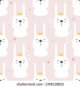 Rabbits with crowns, hand drawn backdrop. Colorful seamless pattern with muzzles of animals. Decorative cute wallpaper, good for printing. Overlapping colored background vector