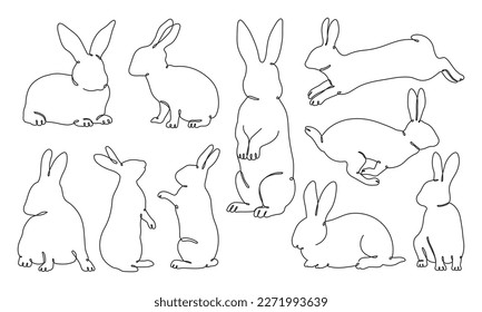 Rabbits in different poses set line drawing hand drawn illustration.