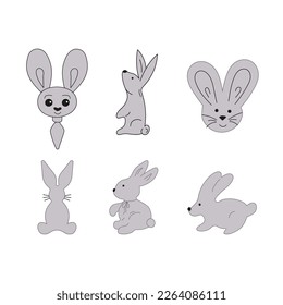 Rabbits in different poses and styles. Bunny set character. Gray Rabbits Vector illustration.