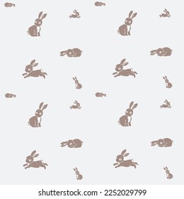 Rabbits in different postures, seamless pattern with vector hand drawn illustration