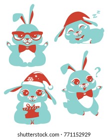 Rabbits in different situations. A rabbit in glasses, waving his legs, sleeping, sitting with a gift. Social Stickers